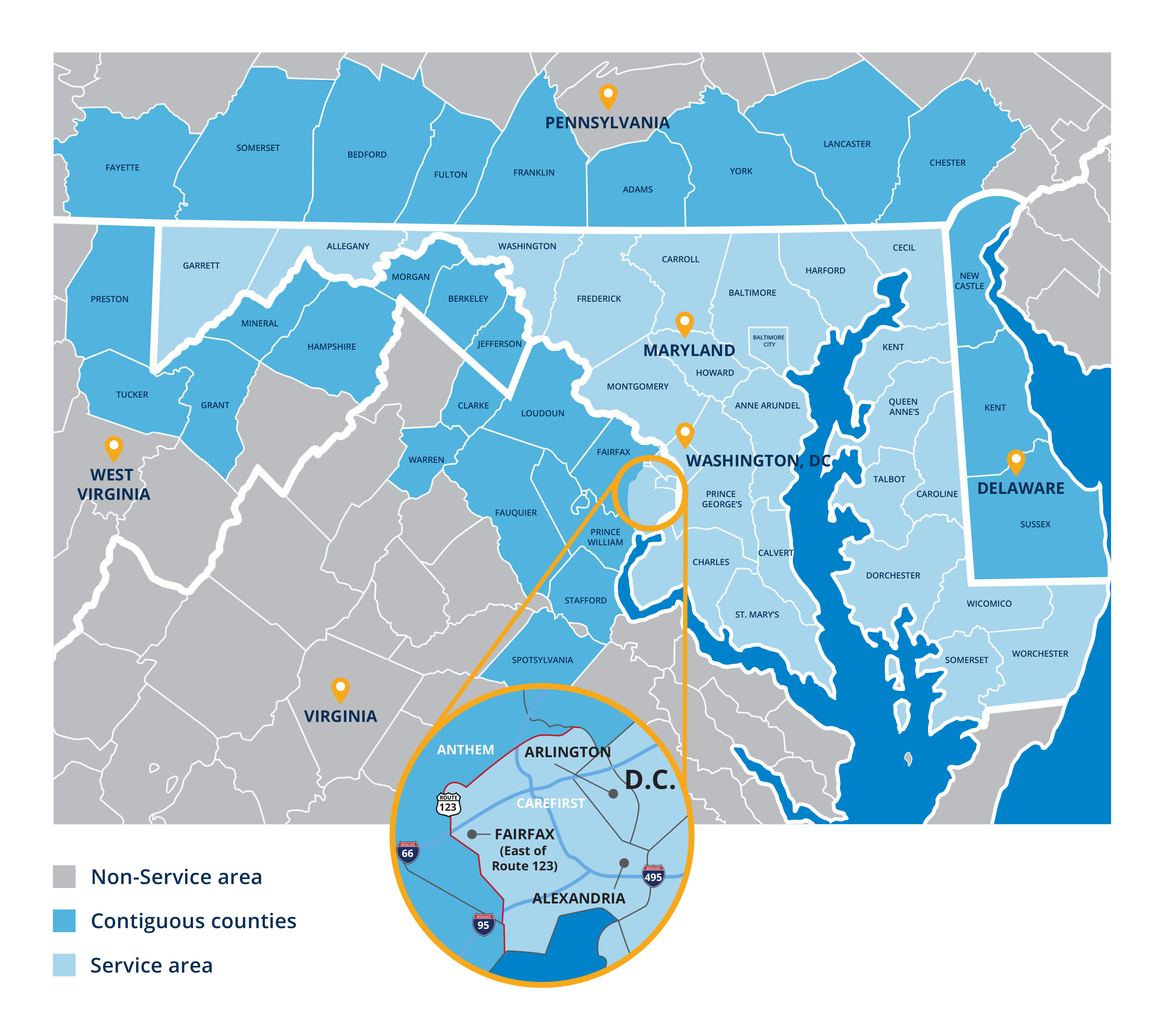 CareFirst BCBS service area map for MD, DC, VA