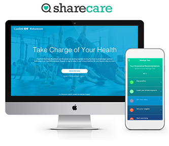 Sharecare logo and desktop and mobile screens